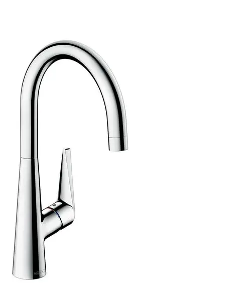 Ein moderner, glänzender Wasserhahn mit geschwungenem Auslauf und seitlichem Hebel zur Temperatur- und Mengeneinstellung.